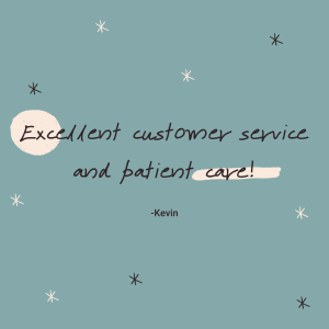 Quote of patient review with black and white stars behind text
