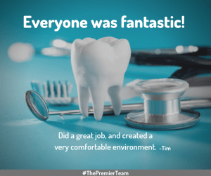 Quote of patient review with a tooth and dental tools behind text