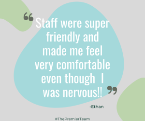 Quote of patient review with blue and green circles behind text