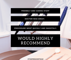 Patient review with dental equipment in the background of the text
