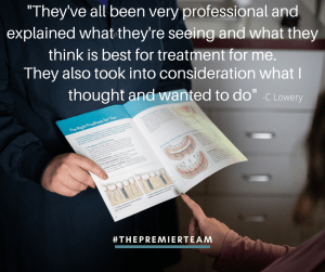 Quote of patient review with a pamphlet about implants